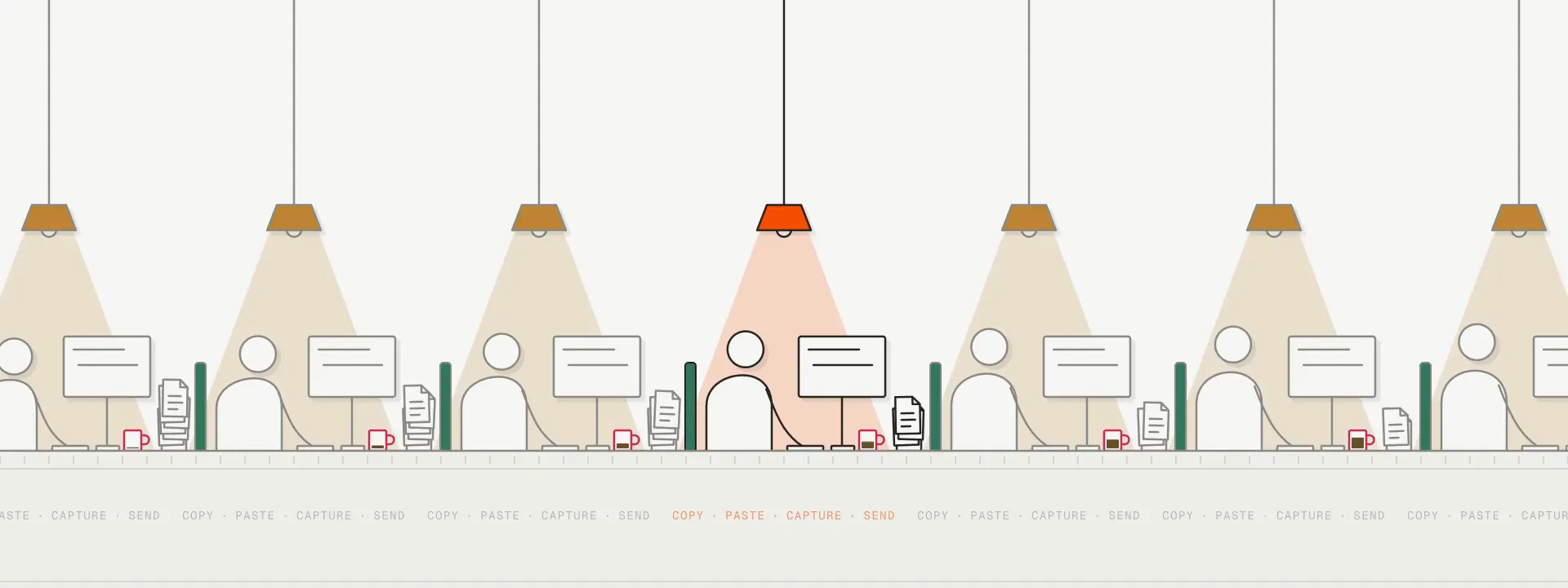 A long row of identical desks, each worker under the same lamp doing the same thing: copy, paste, capture, send. One desk is highlighted.