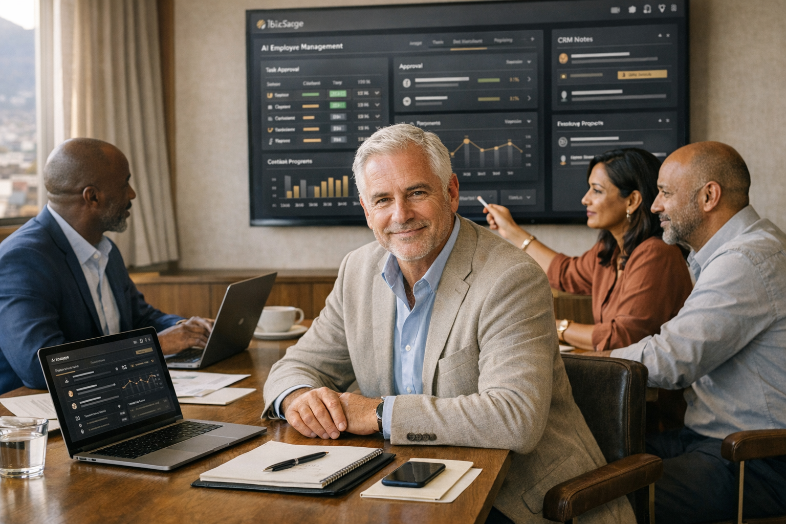 South African executives managing AI employee workflows through operational dashboards